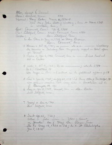ALLEN, Joseph (b. 1708 Mass. d. 1755 Conn.) 1 BAKER BRONSON WOODHOUSE FINCH BEEBE ALLEN ENOS Ethan Allen's father